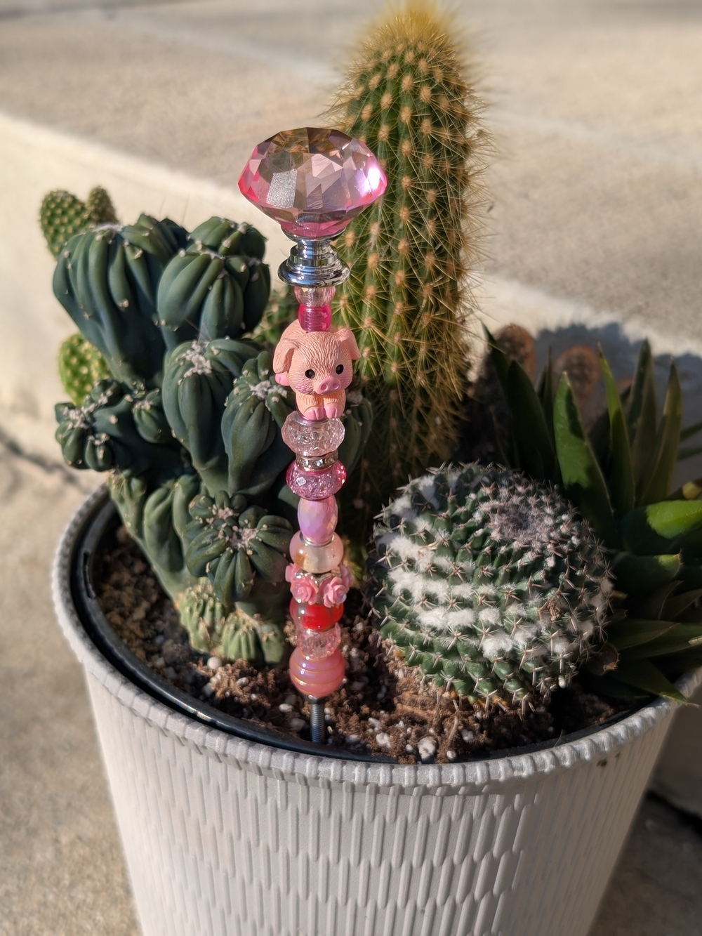 Hand Made Fairy Wand/Plant/Stake W/Pink Glass Topper & Cute Pig Bead